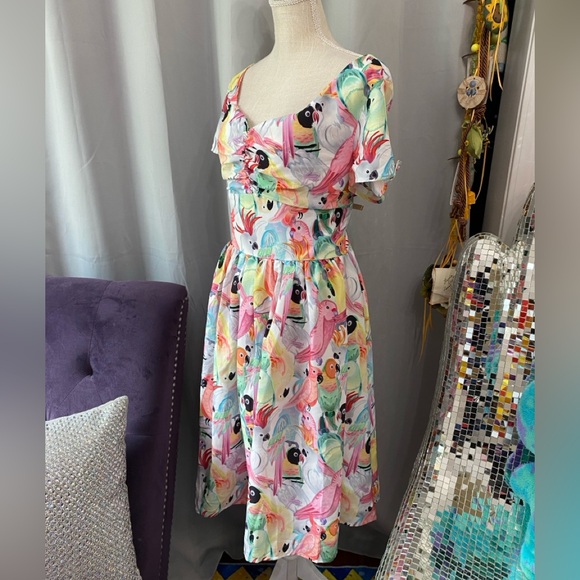 ❌SOLD❌UNIQUE VINTAGE MODCLOTH XL PARROT TROPICAL BIRD SWING DRESS SWEETHEART - Picture 6 of 9